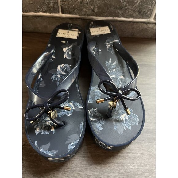 Kate Spade Blue Floral Wedge Sandals Size 9 Thong Summer Beach Party - Picture 6 of 16